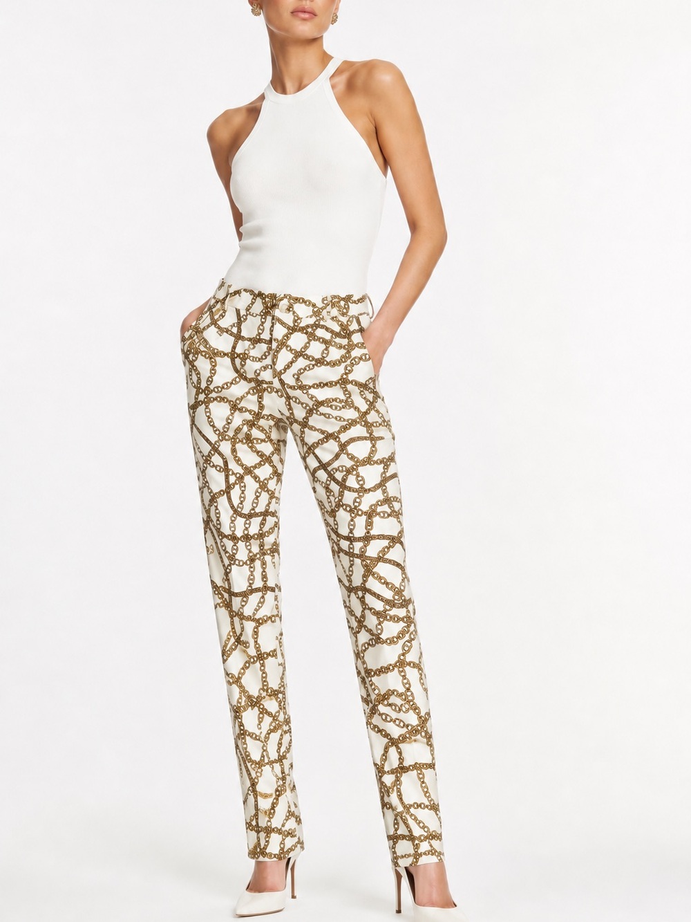 MICHAEL KORS Stretchy White & Gold Chain Print Skinny Pants